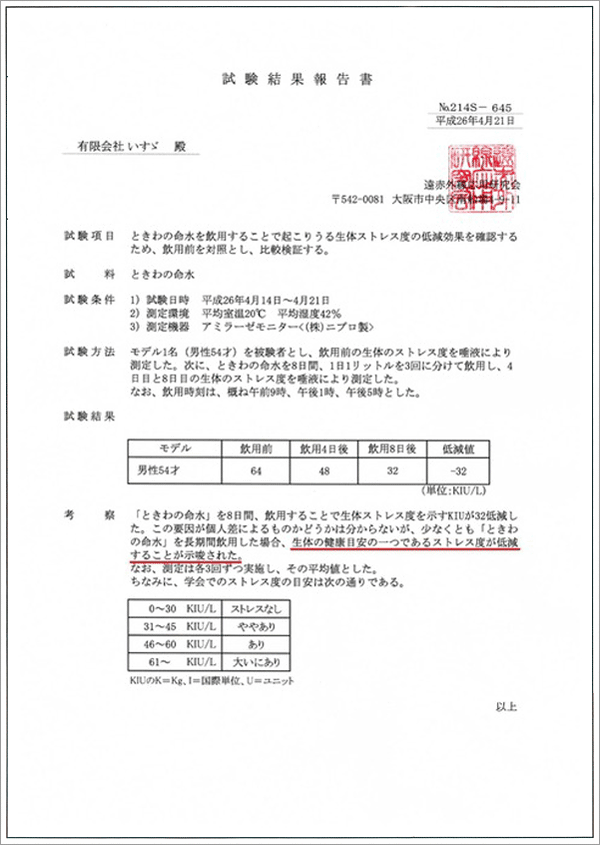 ときわの命水と生体ストレス度についての試験結果報告書